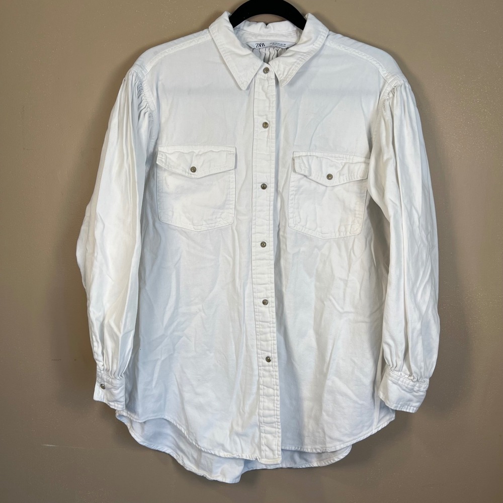 Zara White Cotton Denim Puff Sleeve Button Down Shirt Women Medium Utility Boho